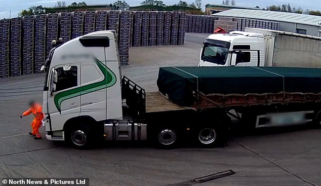 HGV driver who ploughed into factory boss trying to photograph his number plate after safety row avoids jail and KEEPS his job Daniel Ley, 44, from the village of Harby, Nottinghamshire, had been dropping off bricks at a firm just outside Newcastle on April 28, 2022, when the scuffle (pictured) occurred