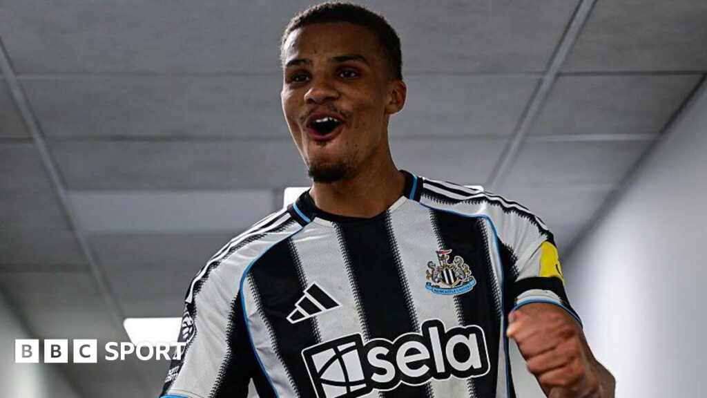 Malick Thiaw celebrates after Newcastle United's win against Nottingham Forest