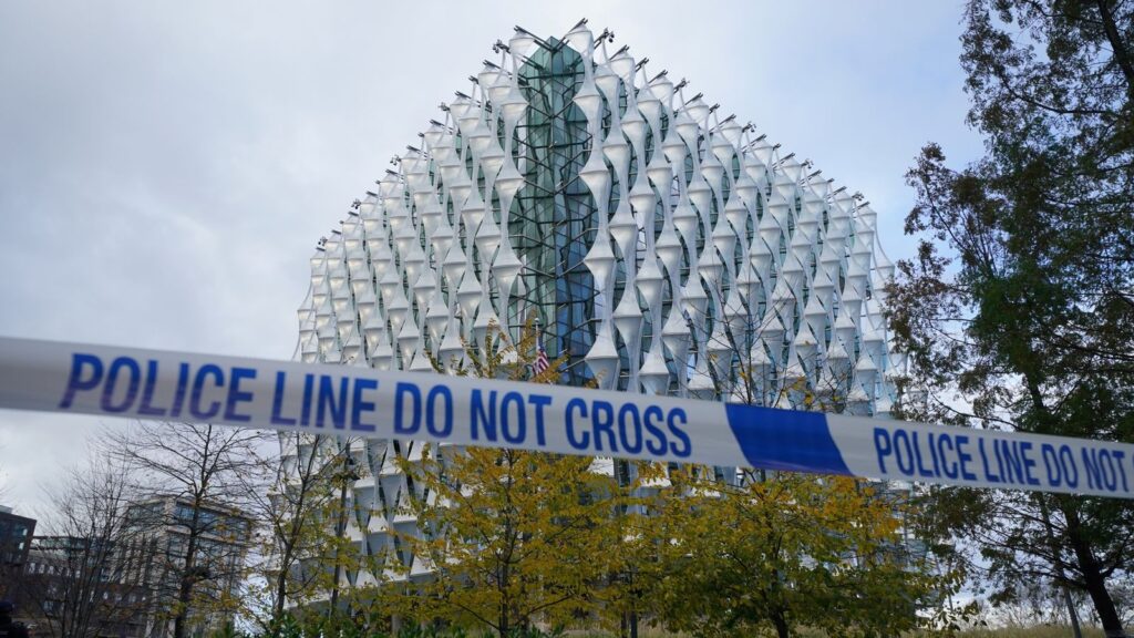 The US Embassy in Nine Elms, south London, went into lockdown after a fake device was found in an alleyway. Pic: PA
