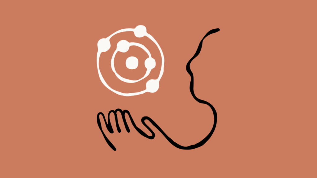 An abstract image of a human figure holding a solar system, or something, who knows