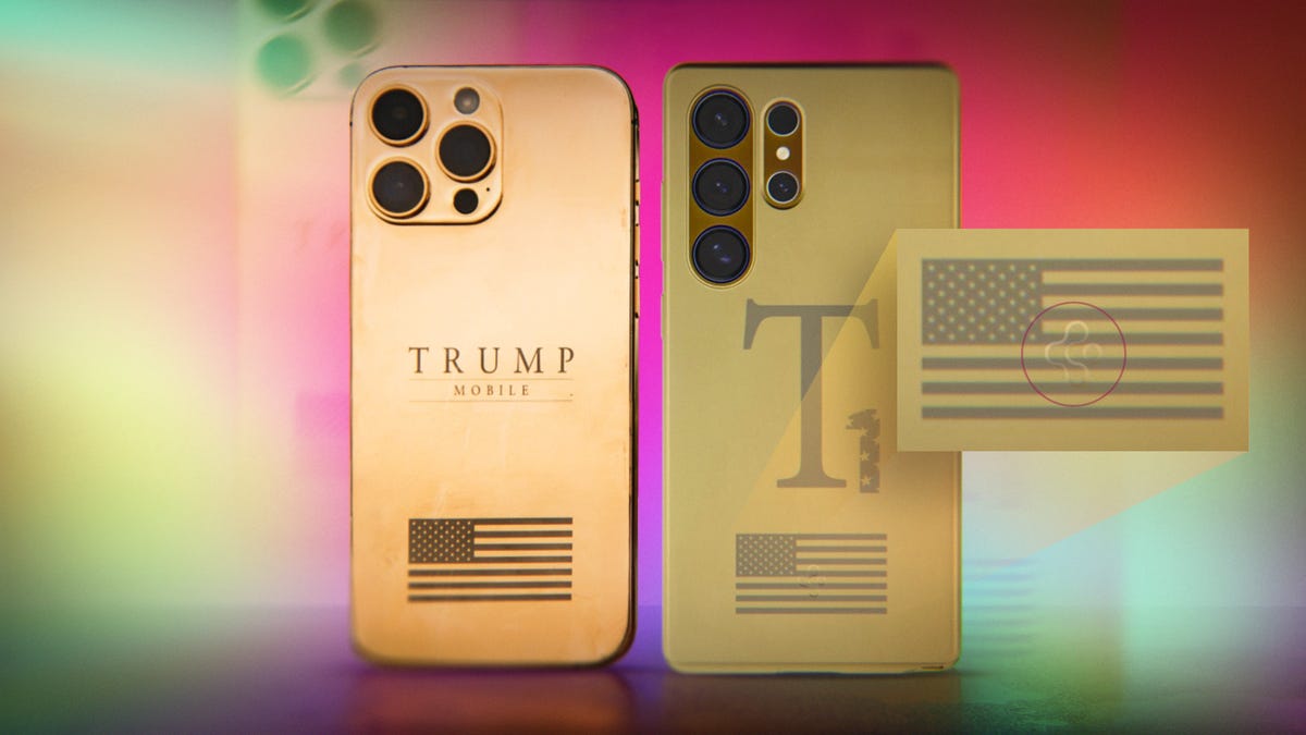 Two versions of the Trump Mobile T1 phone and a closeup of the Spigen logo on one of them.