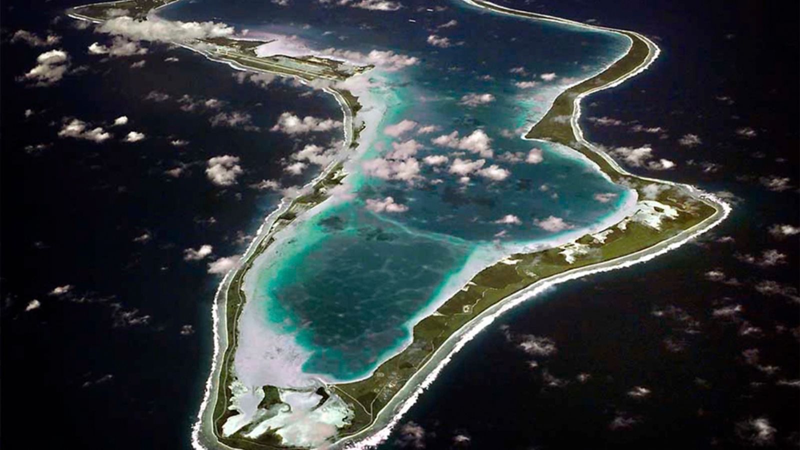 An aerial view of Diego Garcia, home to a UK-US military base, in the Chagos Islands. Pic: AP