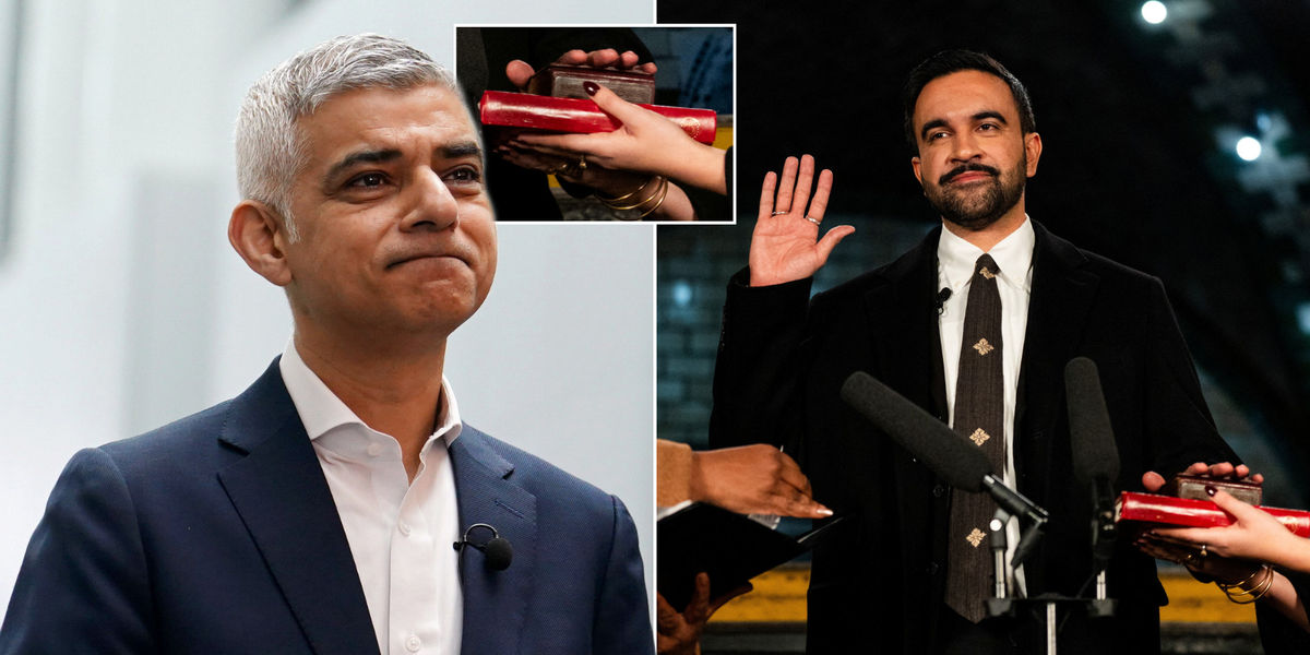 Sadiq Khan hails New York's first Muslim mayor as 'inspiring' after he is sworn in on Koran