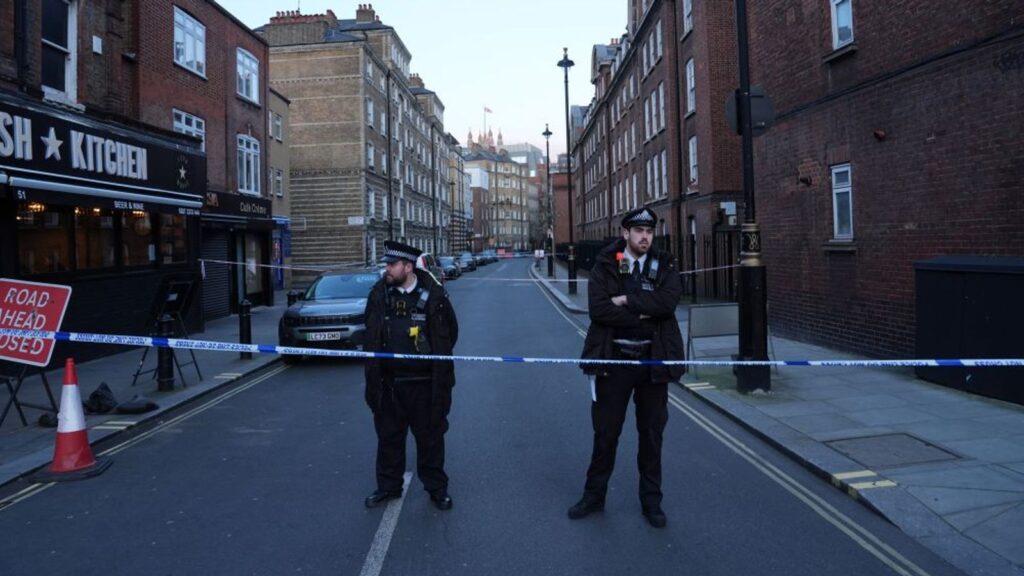 A police cordon at the junction of Great Peter Street and Horseferry Road. Pic: PA