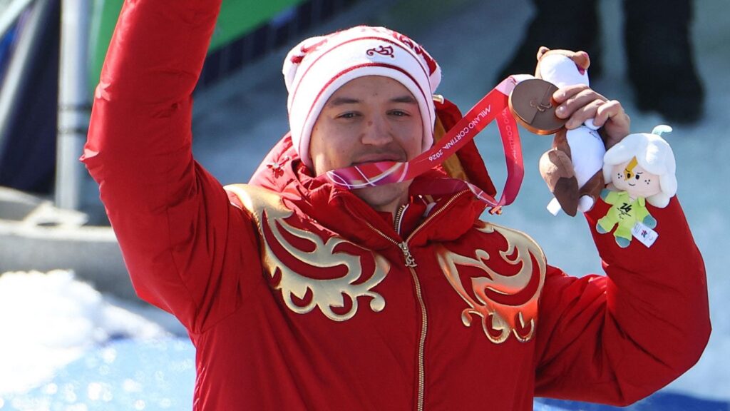 Bronze medalist Aleksei Bugaev of Russia celebrating. Pic: Reuters