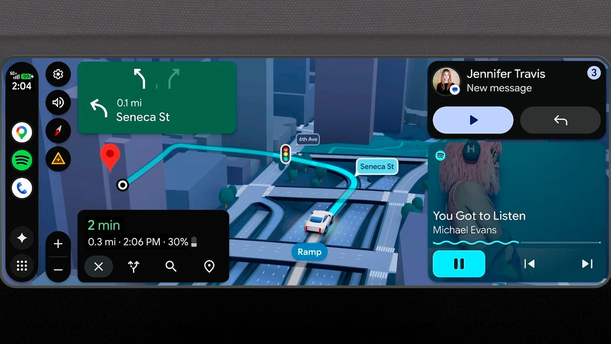 Android Auto screenshot showing new Google Maps interface and floating widgets