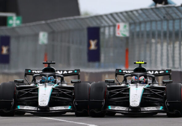 MONTREAL, QUEBEC - MAY 24: George Russell of Great Britain driving the (63) Mercedes AMG Petronas F1 Team W17 and Andrea Kimi Antonelli of Italy driving the (12) Mercedes AMG Petronas F1 Team W17 battle for track position during the F1 Grand Prix of Canada at Circuit Gilles-Villeneuve on May 24, 2026 in Montreal, Quebec. (Photo by Bryn Lennon - Formula 1/Formula 1 via Getty Images)