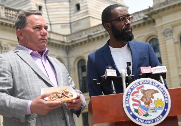 Illinois State Rep. Rick Ryan and “The Bear” actor Corey Hendrix attend a press conference highlighting Illinois state sandwich bill on May 20, 2026 in Springfield, Illinois.