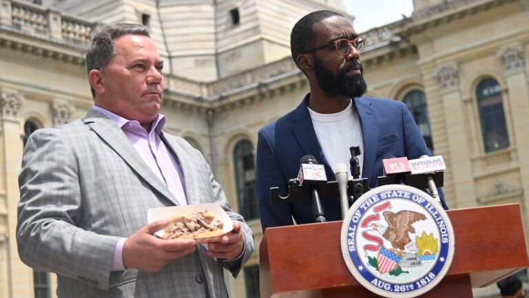 Illinois State Rep. Rick Ryan and “The Bear” actor Corey Hendrix attend a press conference highlighting Illinois state sandwich bill on May 20, 2026 in Springfield, Illinois.