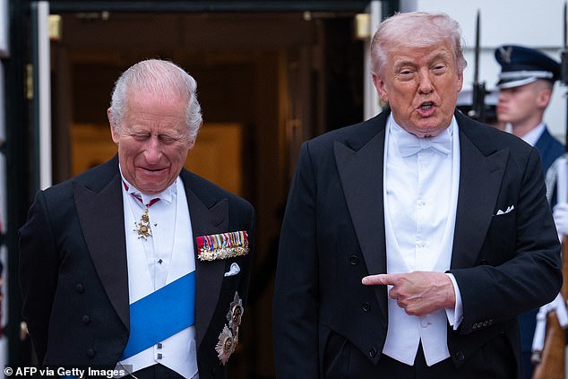 President Donald Trump and  King Charles III share a joke before a State Dinner in the East Room of the White House on April 28, 2026