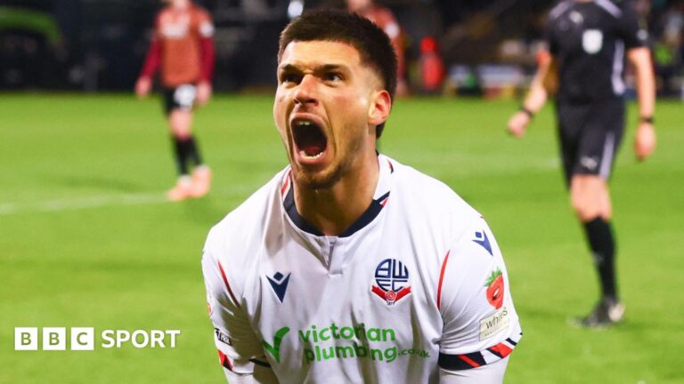 Xavier Simons celebrates scoring for Bolton Wanderers against Bradford City in Thursday's League One play-off semi-final second leg at Valley Parade