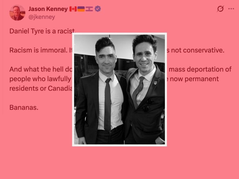Two young men wearing suits in a black and white photo. A social media post from former Alberta premier Jason Kenney can be seen in the background, reading ‘Daniel Tyre is a racist. Racism is immoral.’