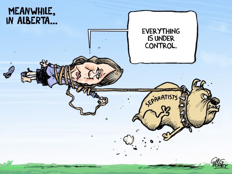 A cartoon shows Premier Danielle Smith tangled in a leash and being pulled along by a pit bull labelled “Separatists.” A speech bubble says, “Everything is under control.”