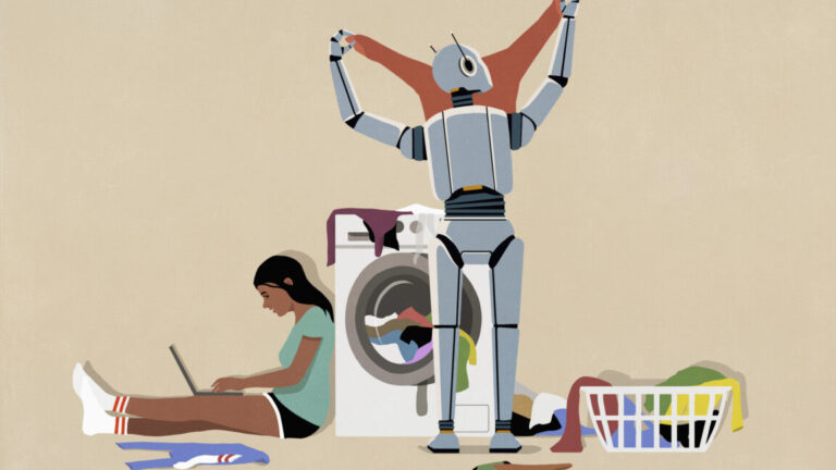 Illustration of humanoid robot folding laundry at dryer while teenage girl uses laptop.