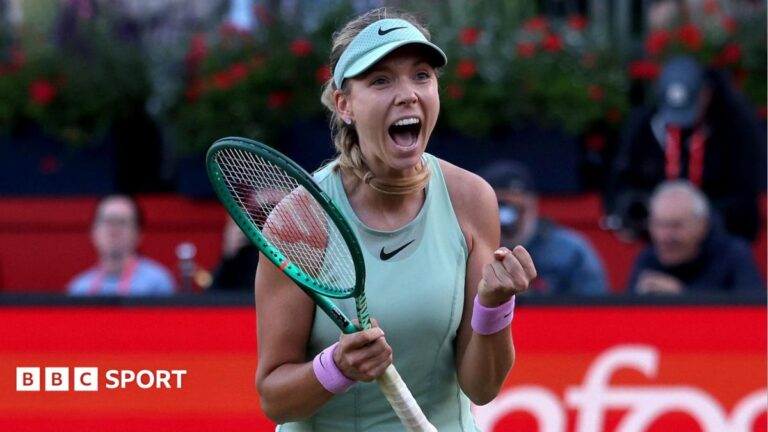 Katie Boulter celebrates beating Elena Rybakina at Queen's