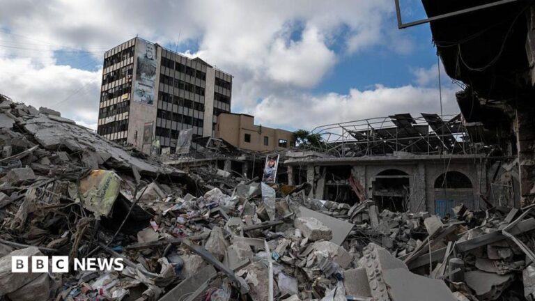 Damage by Israeli airstrikes in the centre of Nabatieh on June 26, 2026 in Nabatieh, Lebanon.