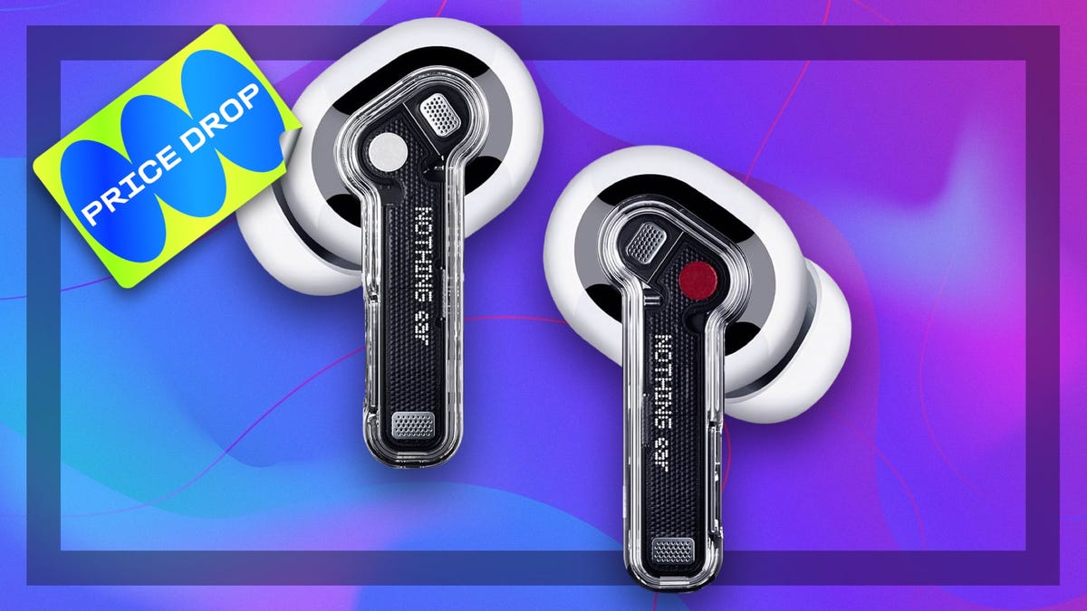 Black earbuds against green, blue, purple and pink gradient.