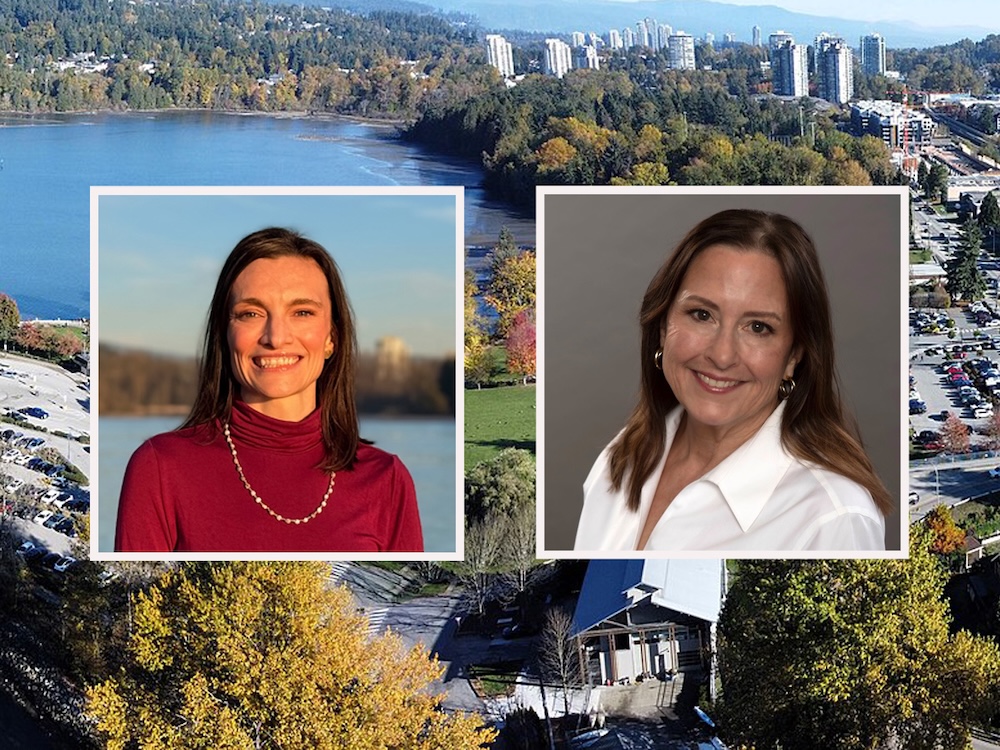 Photos show the face and shoulders of two women against a photo showing the city of Port Moody.
