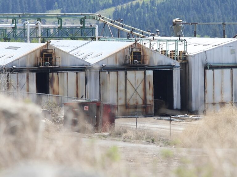 Storage buildings at a mill sit empty and in a state of rusting disrepair.