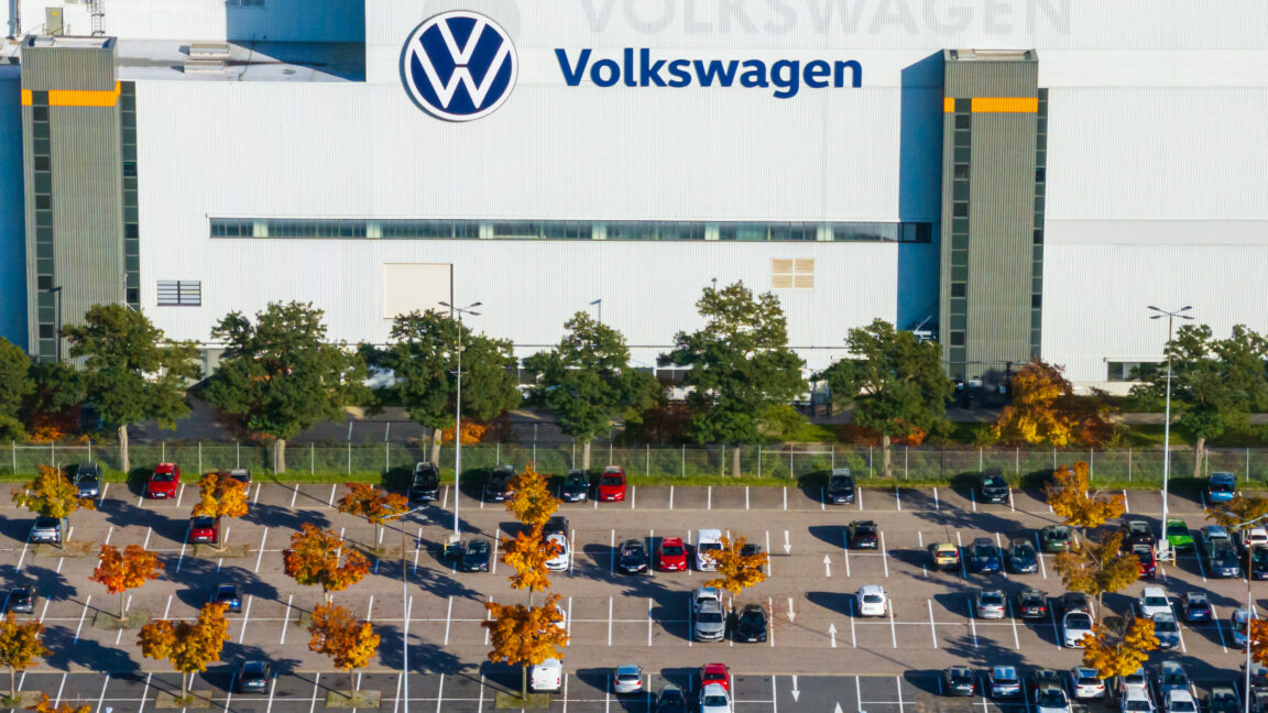 ZWICKAU, GERMANY - OCTOBER 13: In this aerial view from a drone a general view at the Volkswagen electric car factory on October 13, 2025 in Zwickau, Germany. Volkswagen has succeeded in ramping up its electric car sales in Europe by over 75% compared to one year ago. (Photo by Jens Schlueter/Getty Images)