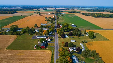 Getty Images This aerial image of land in Ohio, situated along a main road surrounded by agricultural fields (Credit: Getty Images)