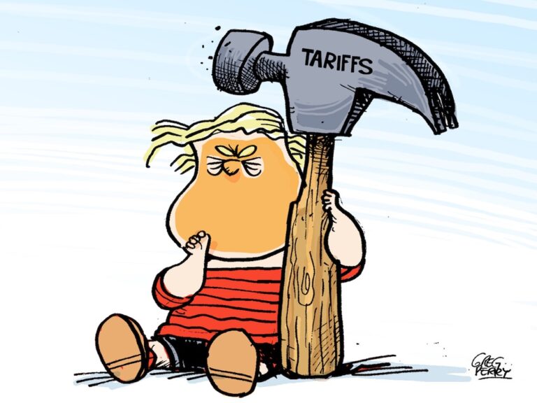 In the style of the Peanuts character Linus, a caricature of Donald Trump as a boy holds a blanket, sucks his thumb and holds a huge hammer with the word ‘Tariffs’ on it.