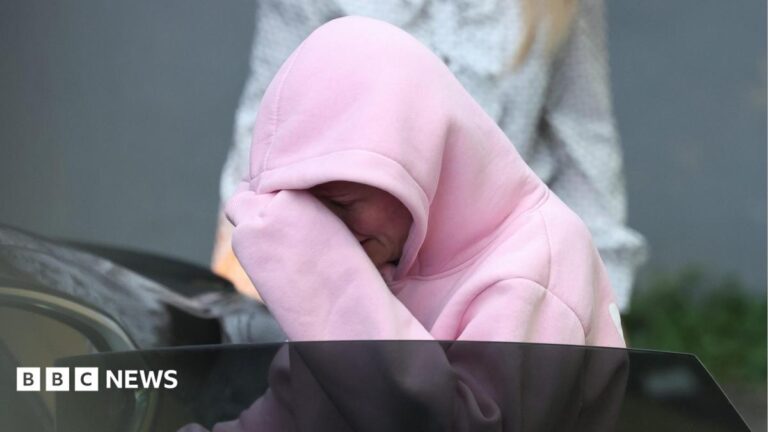 Isobella Perrie Sullivan, a woman wearing a pink hooded jacket, gets into a car following a court appearance. The hood is pulled up over her head and she is hiding her face behind her sleeve.