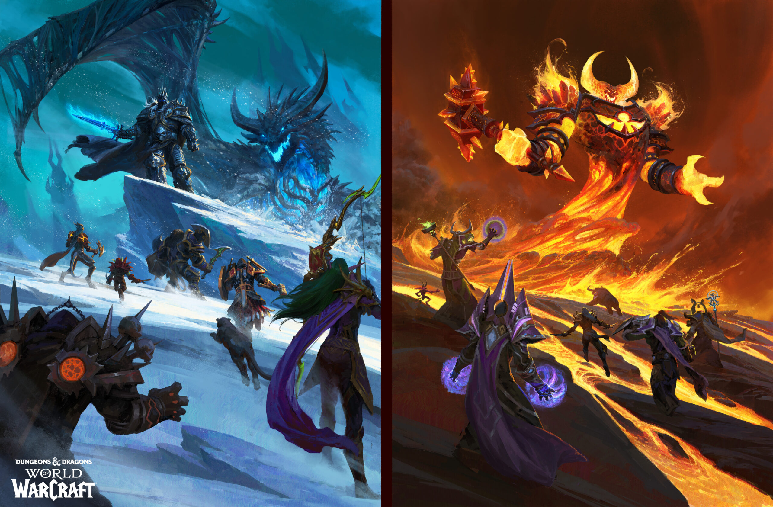 Art of World of Warcraft raid bosses, the Lich King on the left and Ragnaros on the right.