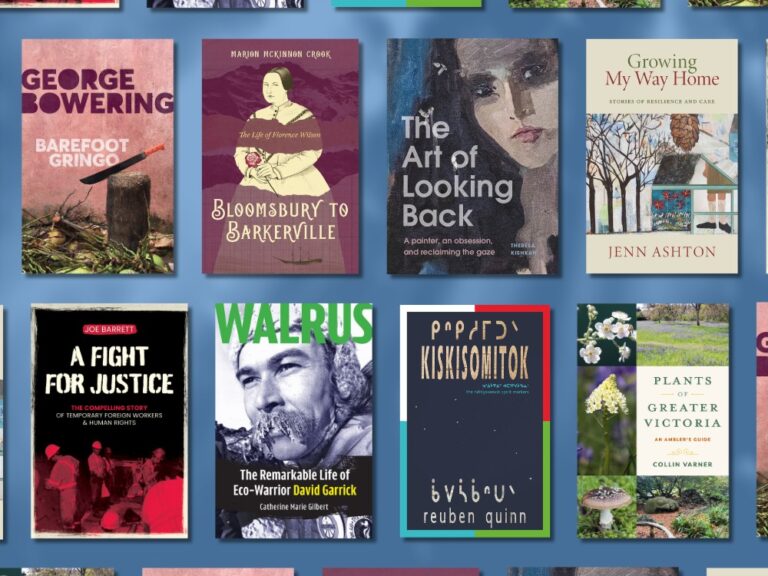 A selection of eight local book covers appear against a blue-toned background.