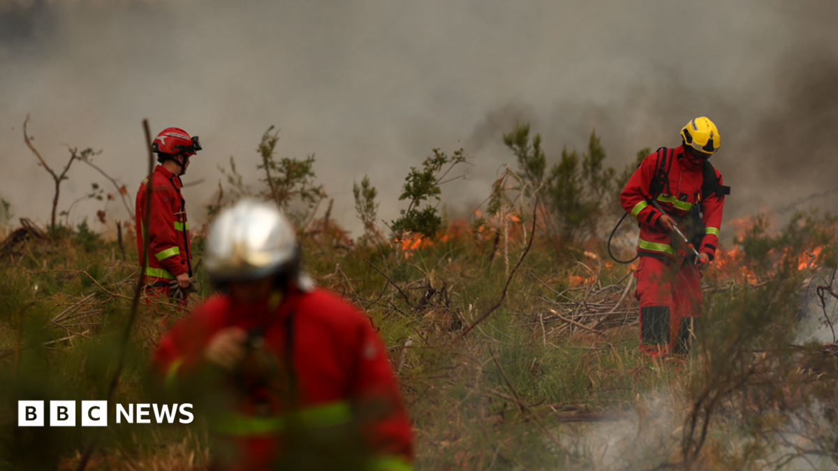 Firefighters of Paris Fire Brigade survey the scene amid the smoke and fire in Marcheprime west of Bordeaux on July 26, 2026 as a wildfire has been ravaging the forest north of the Arcachon Basin (Gironde) since July 22. The fire that has engulfed the area around the Arcachon Basin and is now threatening the outskirts of the Bordeaux metropolitan area has destroyed 42,000 hectares of "burned area," the Gironde prefecture announced; the prefecture has evacuated a total of 220,000 people since July 22.