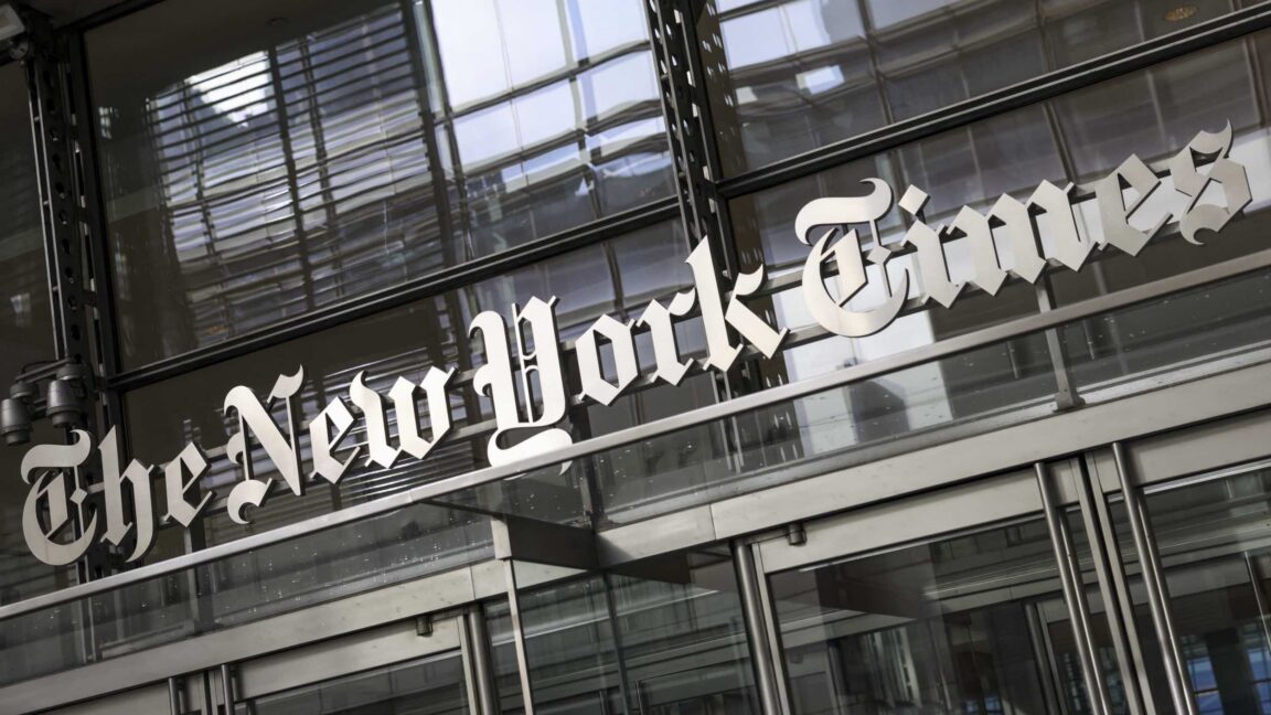 The New York Times logo above the doors of the news organization's building in New York City.