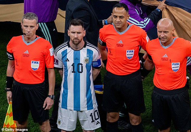 Ismail Elfath (second right) will referee England's World Cup semi-final clash with Argentina on Wednesday. Pictured with Messi when he officiated the 2022 World Cup final