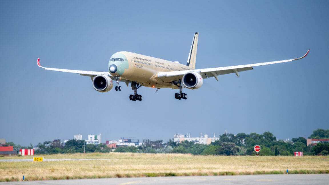 An Airbus A350-1000ULR built for Qantas Airways makes a landing during its first test flight on June 1, 2026.