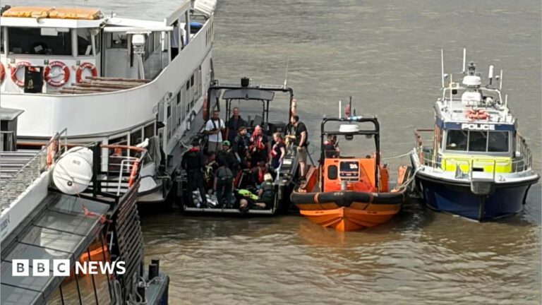 Rescue boats and a Met Police boat next to each other in the Thames.