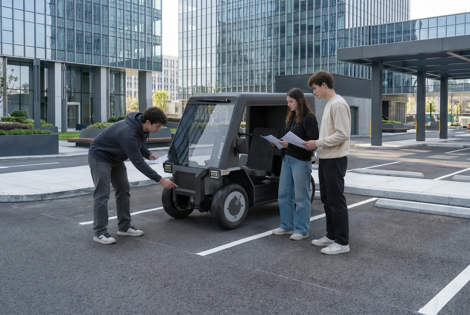 A trio of people standing near the Modular-EV Utility Personal Transport in a parking lot.