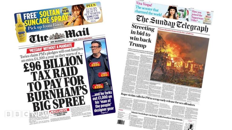 The headline on the front page of the Mail on Sunday reads: "£96 billion tax raid to pay for Burnham's big spree."