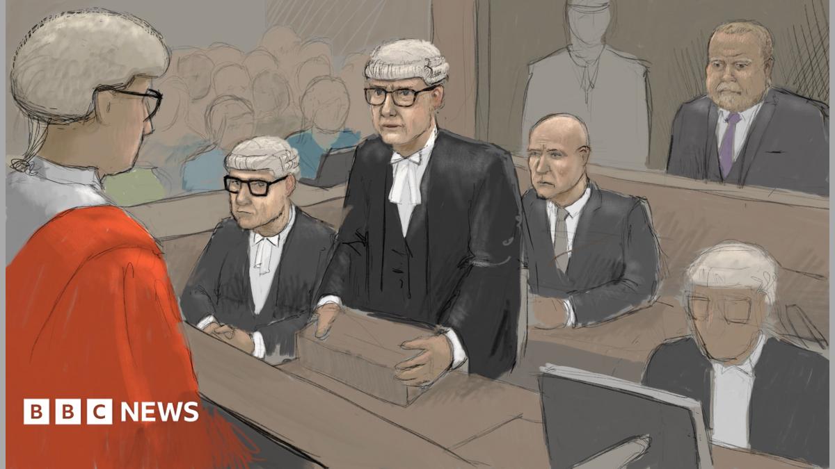 Courtroom sketch showing a legal hearing in progress. A judge in a red robe is seen from behind in the foreground, facing several barristers wearing traditional black robes, white neck bands, and white wigs. One barrister stands at a lectern addressing the court while others are seated nearby. Robert Bush is seated behind a glass partition and other figures are in the public gallery. The image is rendered in a muted palette of grey, brown, and black tones, with the judge’s bright red robe providing a strong visual focal point.