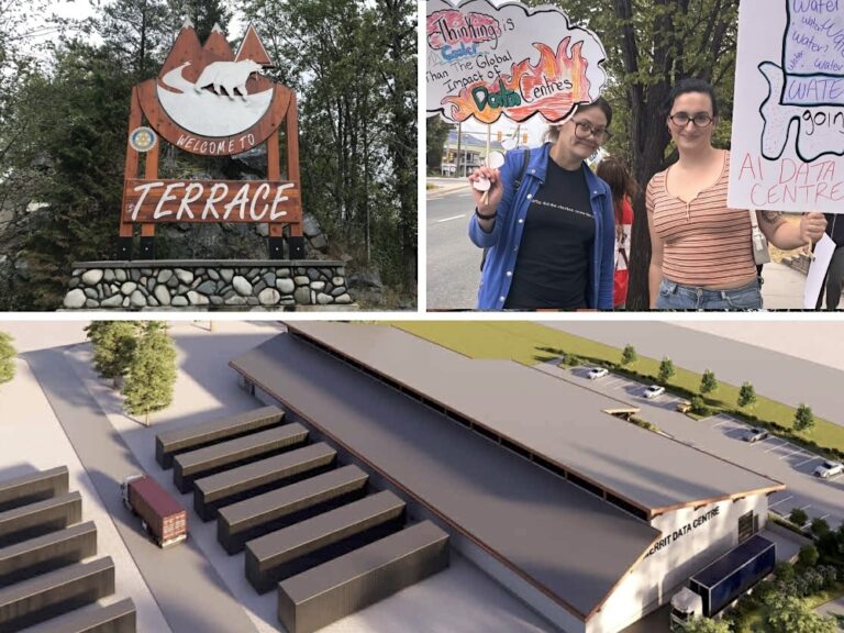 Three separate images include a photo of a large sign saying ‘Welcome to Terrace,’ a photo of two protesters holding anti-AI signs, and a rendering of an industrial building.