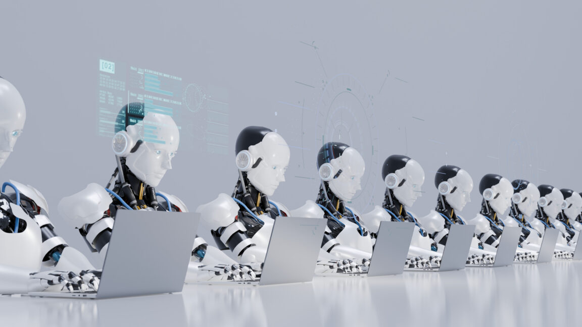 Digital generated image of multiple robots working on laptops siting in a row.