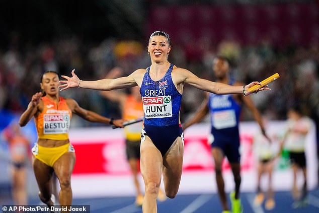 Amy Hunt helped Team GB claim gold in the mixed 100m relay on Sunday evening