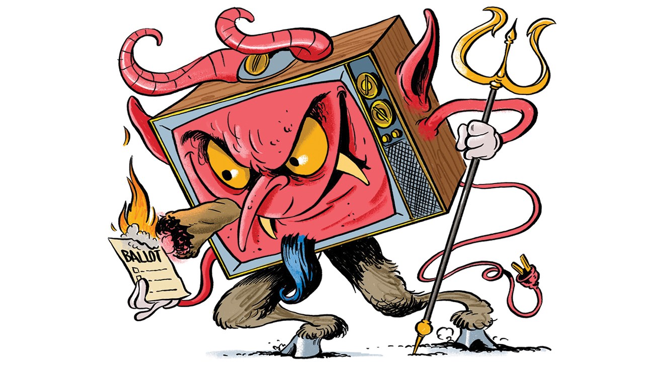 illustration of a TV anthropomorphized as a devil with hooves