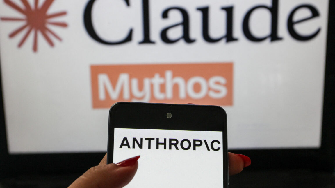 A smartphone displaying the Anthropic logo is shown in the foreground with a blurred Claude Mythos themed background. The image illustrates the branding of the artificial intelligence company in a technology themed visual composition.