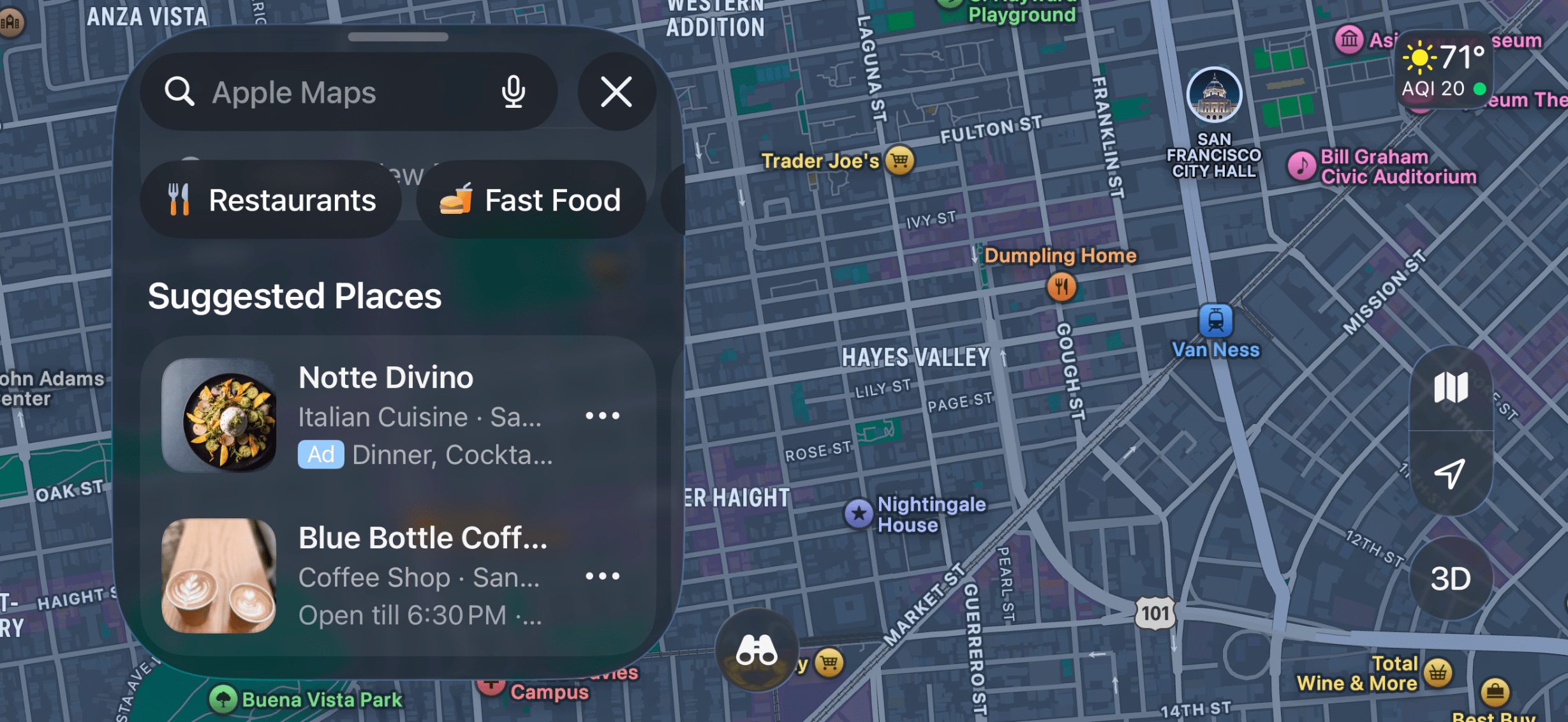 An Apple Maps screenshot that shows an ad for an Italian restaurant.