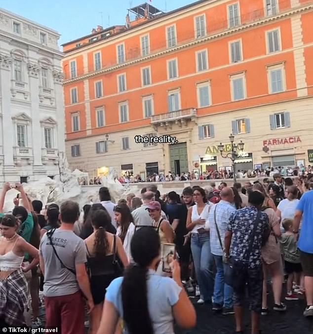 Jam-packed streets similarly crowded around the Trevi fountain, revealed in a video that showed the 'reality' of summer in Rome