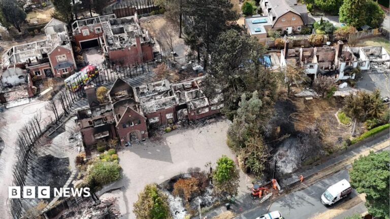An aerial image shows several houses destroyed by fire, with their roofs gone and wreckage visible within. There is a line of dead trees next to the houses and areas of scorched earth. A fire engine is parked by one of the houses.