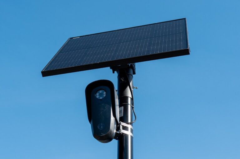 Flock license plate reader and camera with solar panel against a blue sky, Pleasant Hill, California, April 16, 2026.