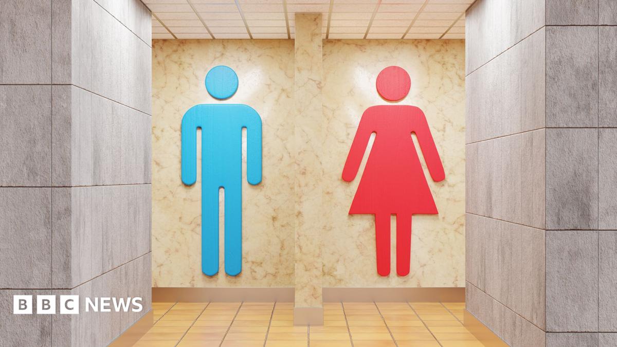 Stock photo shows two entrances to single space public toilets - designated by large signs of a man in blue and a woman in red.