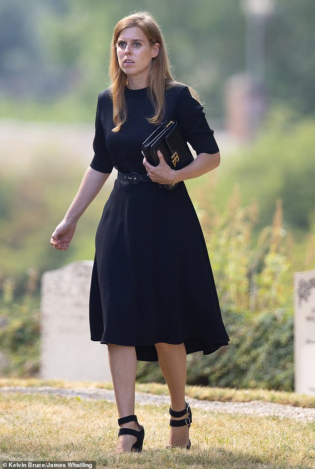 Princess Beatrice appeared solemn today as she attended the funeral of her mother’s ex-boyfriend Paddy McNally