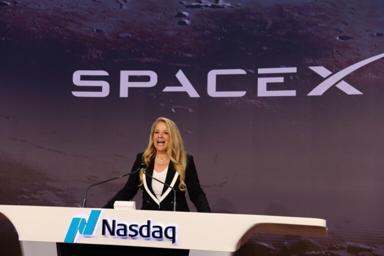 Gwynne Shotwell, president of Space Exploration Technologies Corp. (SpaceX), during the company's initial public offering (IPO) at the Nasdaq MarketSite in New York