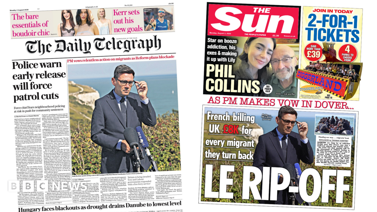 "Police warn early release will force patrol cuts" reads the headline on the front page of the Daily Telegraph.